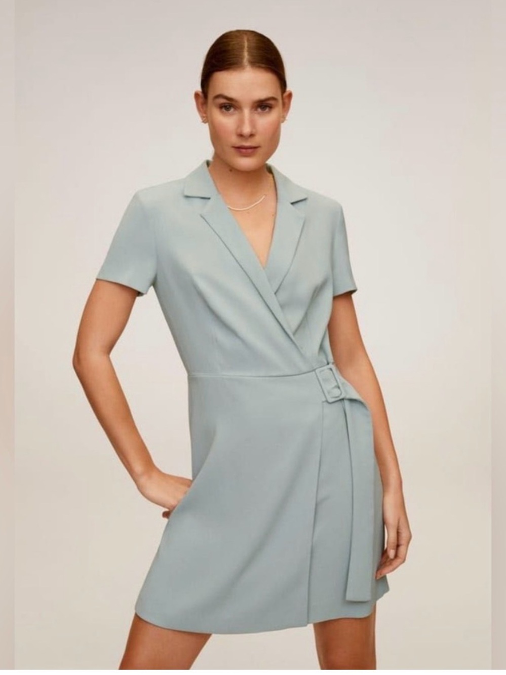 Mango Short Wrap Dress in Pale Blue